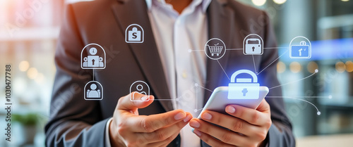 Businessman hand Using mobile phone to connect Financial and banking networking digital online marketing on modern interface icons on strategy