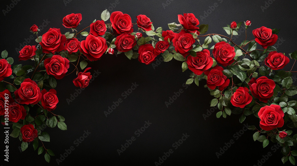 Red Roses Border on Black Background Floral Arrangement Valentine s Day Romance Love Red Roses Border on Black Background Floral Arrangement Valentine s Day Romance Love