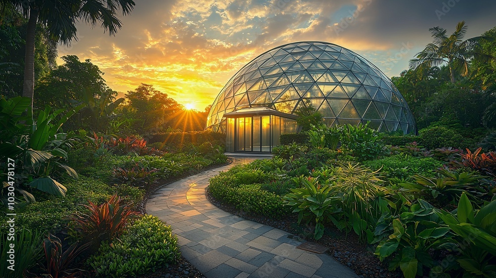Fototapeta premium Stunning Futuristic Glass Dome Surrounded by Lush Garden at Sunset