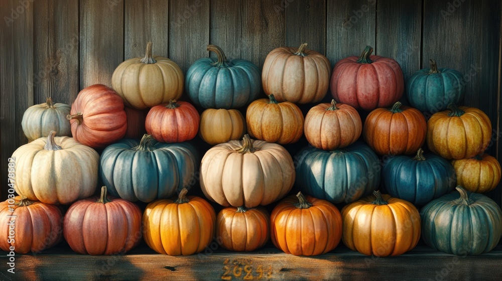 A stack of colorful pumpkins arranged artistically against a wooden backdrop A stack of colorful pumpkins arranged artistically against a wooden backdrop
