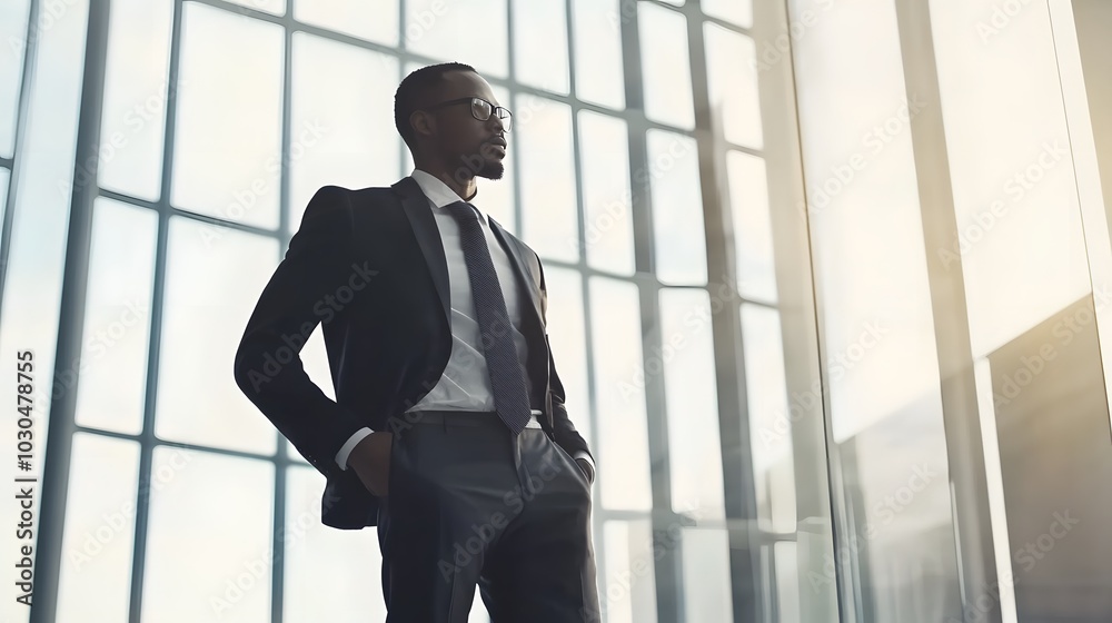 A young African American businessman in a suit looks out a window. A young African American businessman in a suit looks out a window.