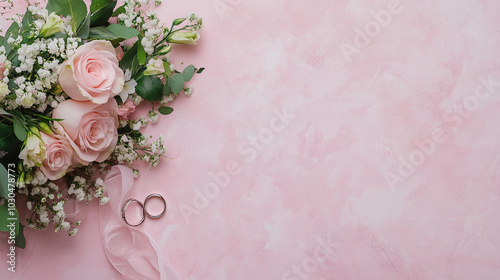 Pink Roses Wedding Rings White Flowers Ribbon on Pink Background