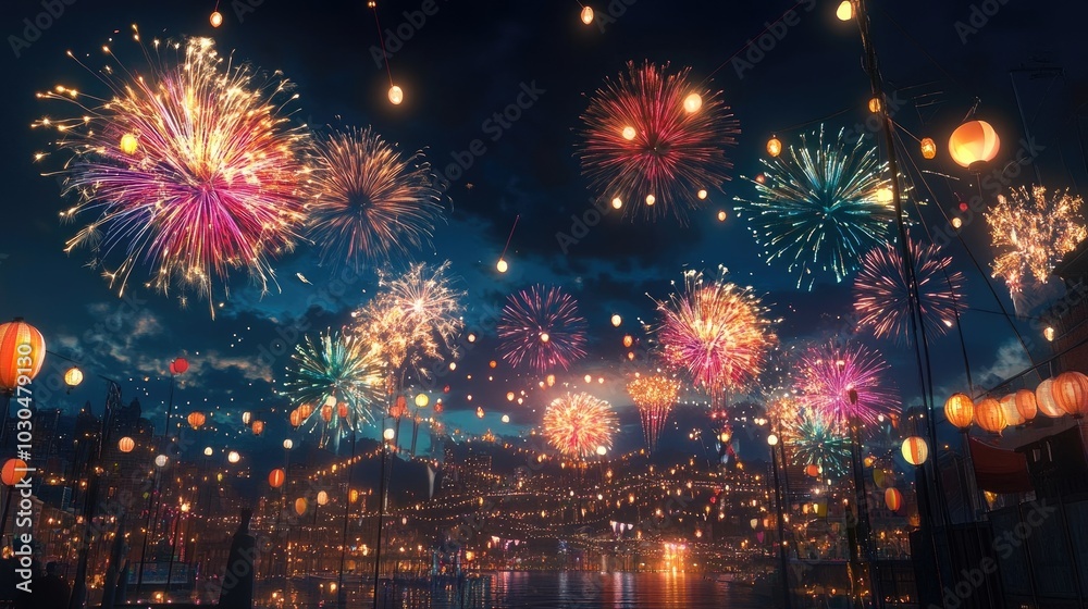 Obraz premium A stunning mockup depicting fireworks lighting up the night sky over a vibrant festival