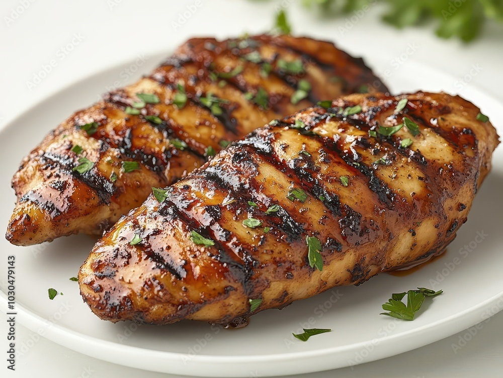 delicious grilled chicken presented on a pristine white background, showcasing its juicy texture and appetizing glaze, evoking hunger and satisfaction