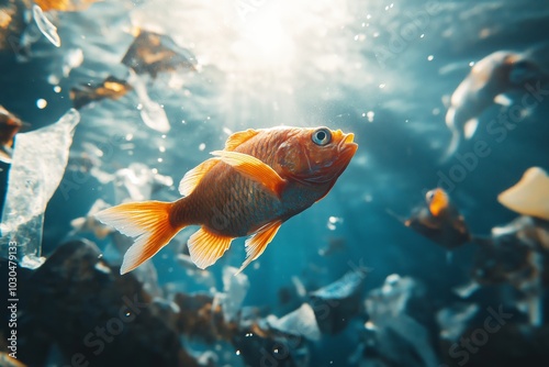 A fish is swimming in a murky water with plastic debris. The fish is orange and he is looking up at the camera. The scene is dark and gloomy, with the fish being the only source of light