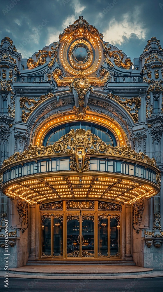Obraz premium Enchanting Theater Entrance: Gold Detailing and Grand Marquee in Soft Light
