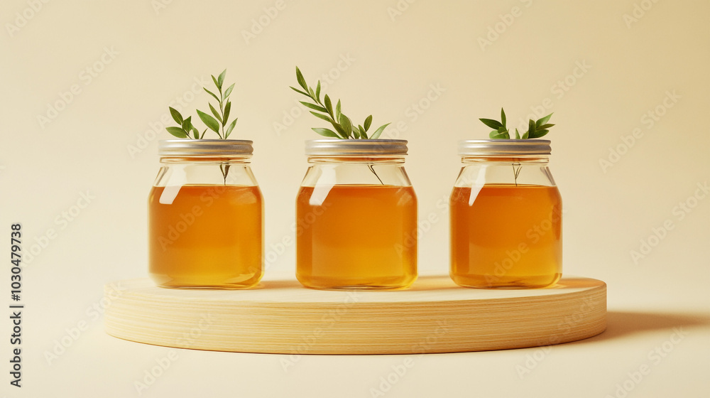Honey Jars with Green Leaves on Wooden Platform Minimalist Product Photography Honey Jars with Green Leaves on Wooden Platform Minimalist Product Photography