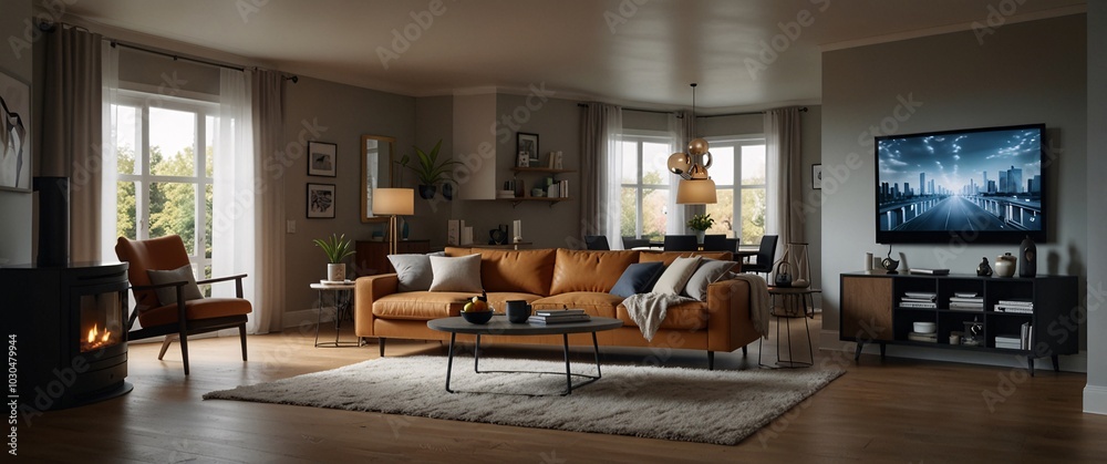 Fototapeta premium illustrate the concept of the Internet of Things with an image of a smart home, featuring various connected devices and appliances, shot from a low angle with a wide-angle lens to showcase the entire 