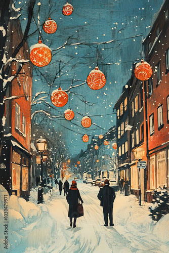 Malm, Sweden, classic traditional Christmas wood block print effect. Woodblock Xmas theme printing. Graphic designed, illustration for travel poster, card, wallpaper, backdrop or banner photo