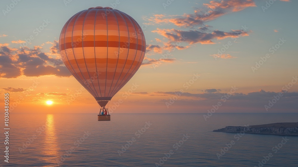 Fototapeta premium A hot air balloon soaring over a tranquil ocean at sunset.
