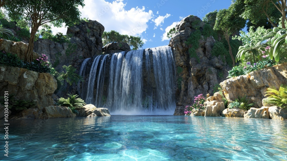Serene Waterfall Landscape with Crystal Clear Pool and Lush Vegetation Generative AI Serene Waterfall Landscape with Crystal Clear Pool and Lush Vegetation Generative AI