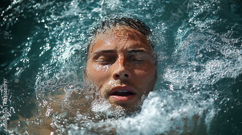 Portrait of a young man in a pool with water splashes