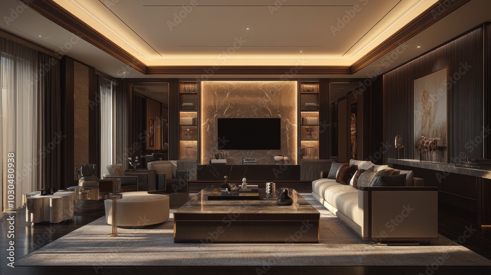 custom made wallpaper toronto digitalModern living room with elegant furniture and ambient lighting, designed for comfort and relaxation.