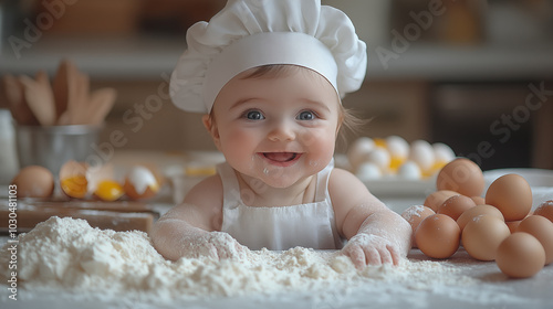 Cute little baby girl in chef hat and apron having fun while baking in the kitchen