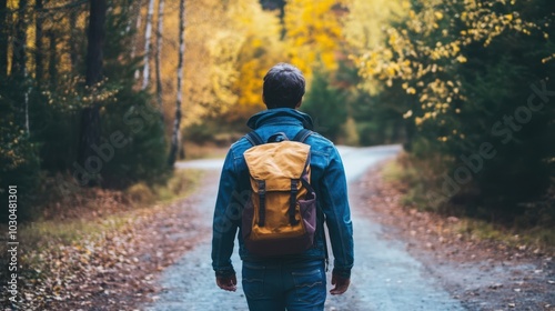 a man walking down a dirt road in the woods