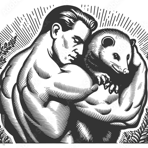 muscular man gently cradling a possum. Surreal and humorous scene sketch engraving generative ai fictional character vector illustration. Scratch board imitation. Black and white image.