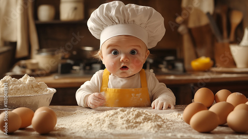 Cute little baby in chef hat playing with flour on table in kitchen
