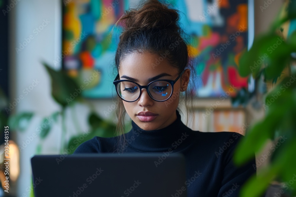 A focused young woman works attentively on her laptop. She is dressed in a stylish black sweater. Colorful artwork brings life to the background. Generative AI A focused young woman works attentively on her laptop. She is dressed in a stylish black sweater. Colorful artwork brings life to the background. Generative AI