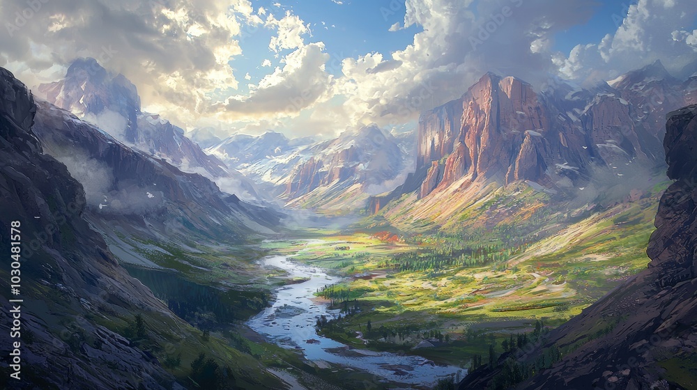 Serene Canyon Landscape with Winding River and Dramatic Sky, Ideal for Nature and Travel Themes Generative AI Serene Canyon Landscape with Winding River and Dramatic Sky, Ideal for Nature and Travel Themes Generative AI