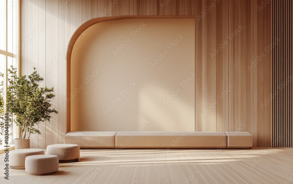 Fototapeta premium Minimalist interior featuring a wooden wall, a bench, and a plant, promoting calmness and simplicity.