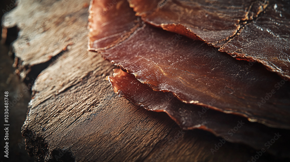 Close-up of dried jerky slices arranged on a wooden tray Close-up of dried jerky slices arranged on a wooden tray