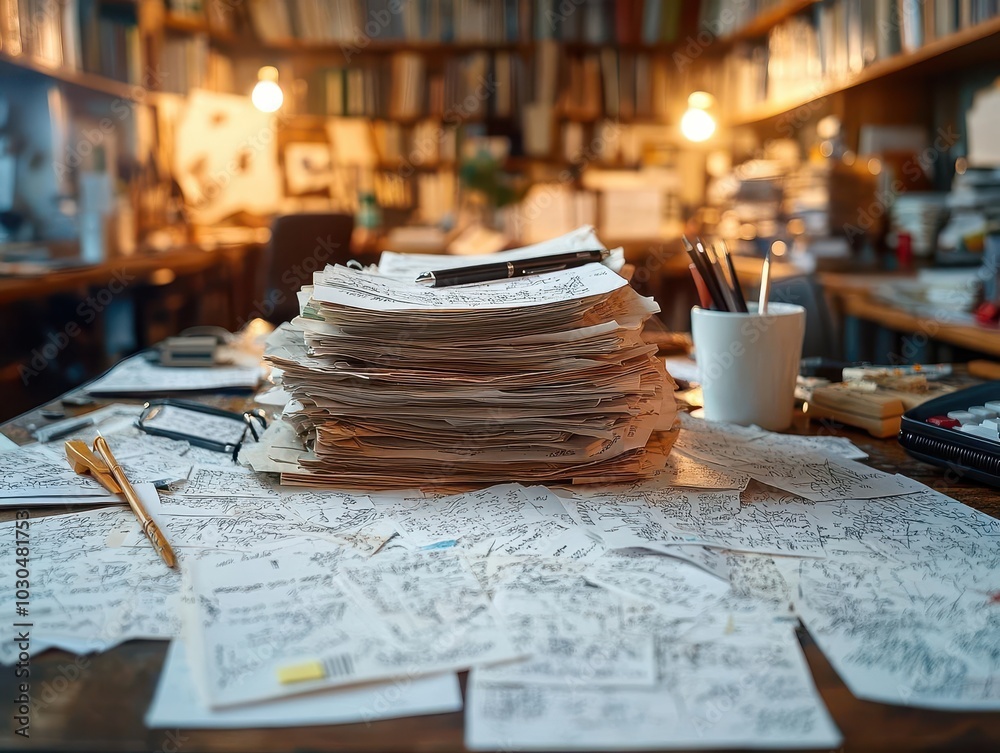 disorganized stack of office documents and papers scattered across a cluttered desk, conveying a sense of chaos, with papers in disarray and office supplies haphazardly placed everywhere disorganized stack of office documents and papers scattered across a cluttered desk, conveying a sense of chaos, with papers in disarray and office supplies haphazardly placed everywhere