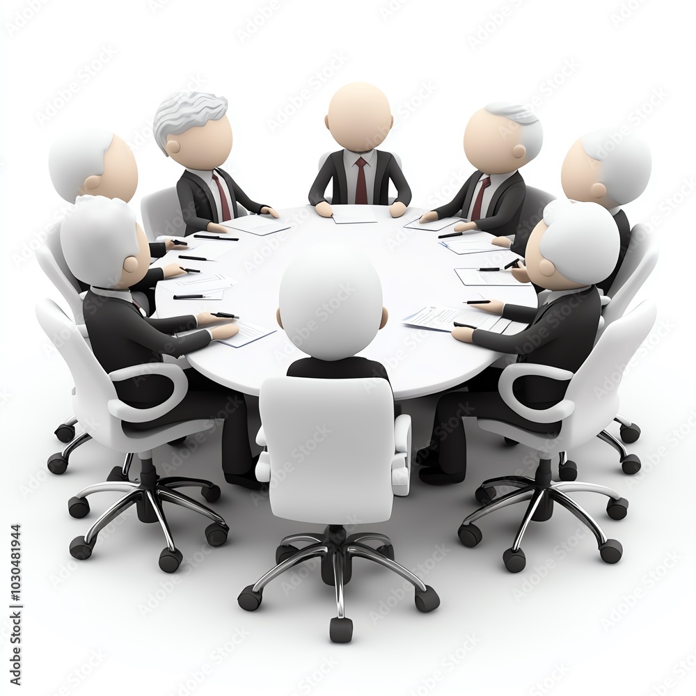A team of business people engaged in a meeting around a round table, discussing strategies and ideas in a corporate setting. A team of business people engaged in a meeting around a round table, discussing strategies and ideas in a corporate setting.