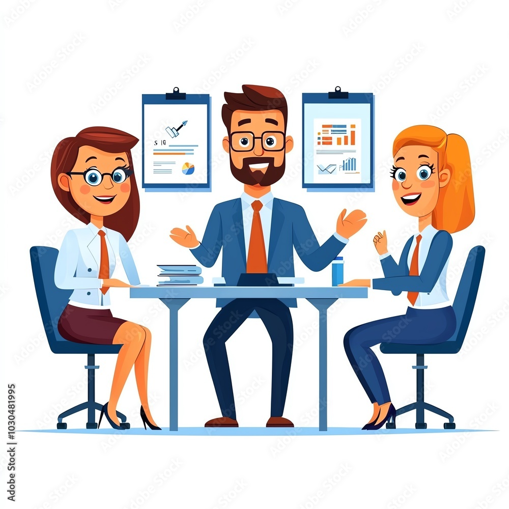 A vibrant illustration of three business professionals engaged in a discussion around a table, showcasing teamwork and collaboration in a modern office setting. A vibrant illustration of three business professionals engaged in a discussion around a table, showcasing teamwork and collaboration in a modern office setting.