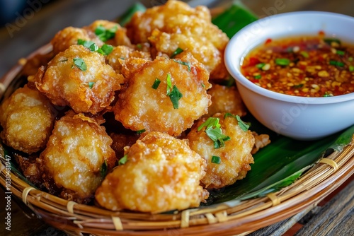 Golden, crispy fried snacks arranged in a woven basket, served with a spicy dipping sauce.