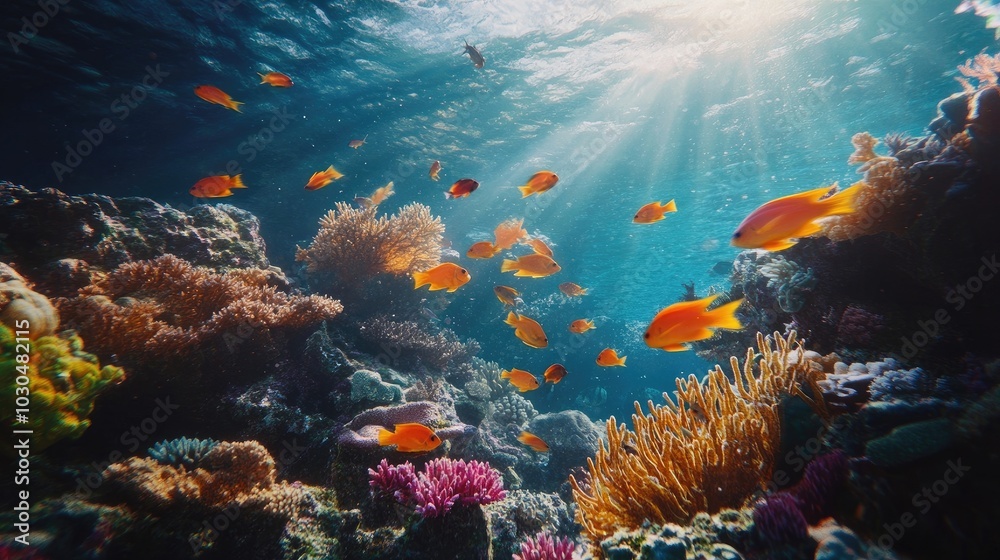 Fototapeta premium A vibrant coral reef underwater, teeming with colorful fish and marine life