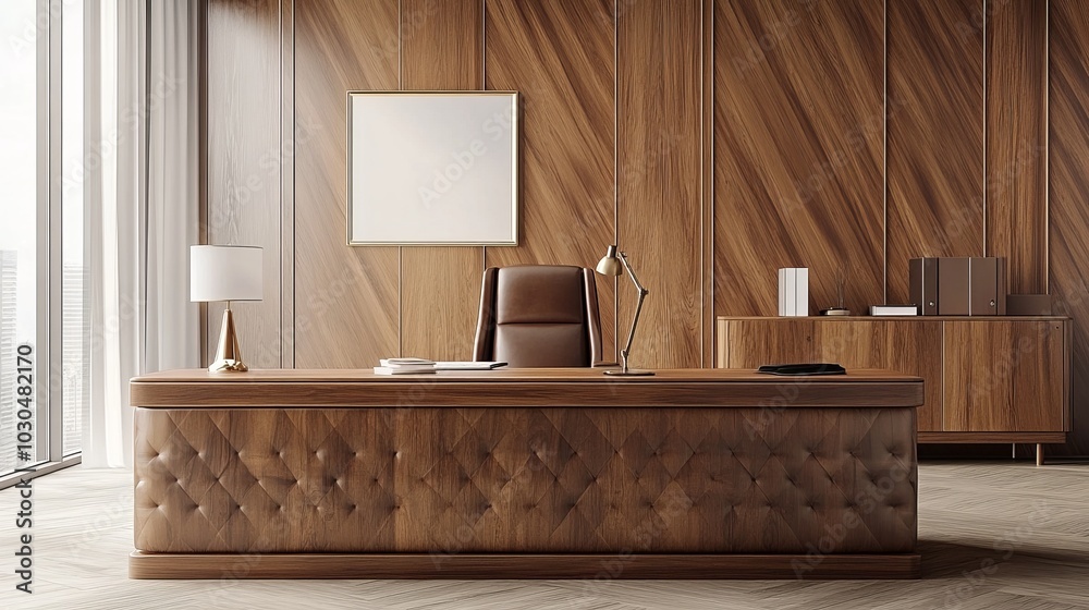 Modern office space featuring a wooden desk, chair, lamp, and minimalistic decor. Modern office space featuring a wooden desk, chair, lamp, and minimalistic decor.