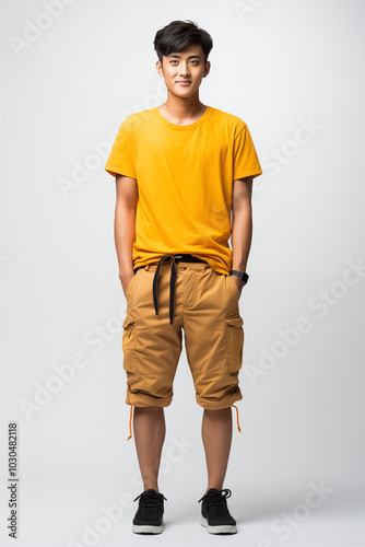 A man in yellow color casual outfit standing in the studio with isolated background