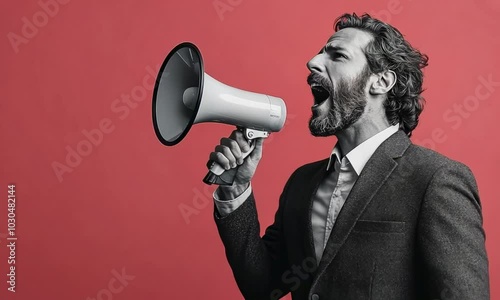 Man in a suit shouts into a megaphone while slowly turning his head