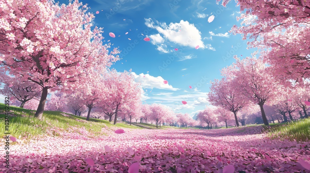 Obraz premium Serenity of Cherry Blossom Grove with Clear Blue Sky, Perfect for Spring or Summer Seasonal Designs Generative AI