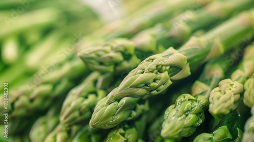 A bunch of slender bright green asparagus spears each one topped with a wispy leafy tip. photo