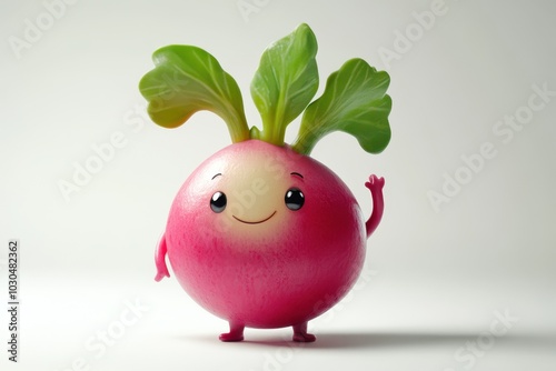 A cartoon vegetable with a smile on its face is waving