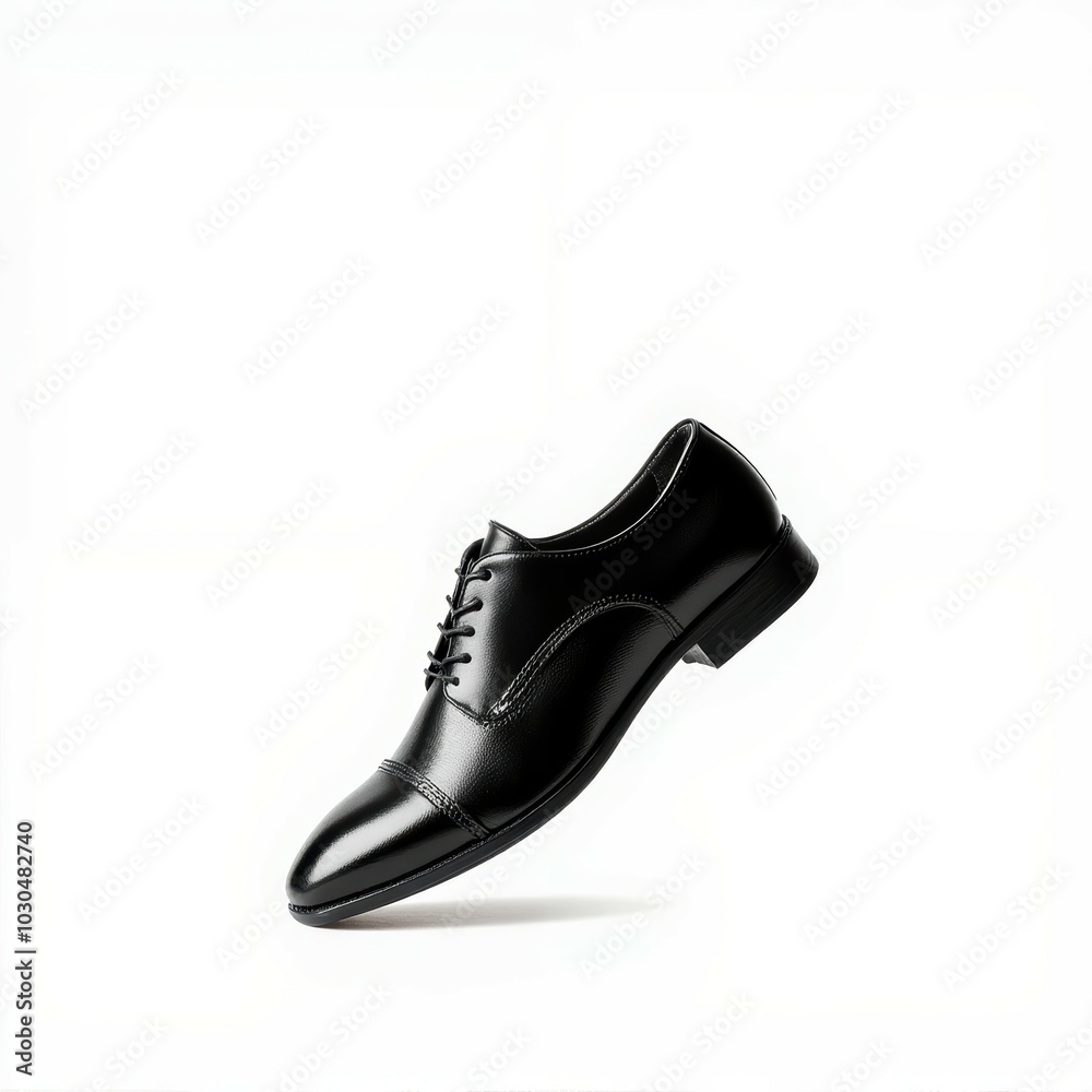 A sleek black dress shoe floating against a minimalist white background, showcasing its elegant design and shine. A sleek black dress shoe floating against a minimalist white background, showcasing its elegant design and shine.