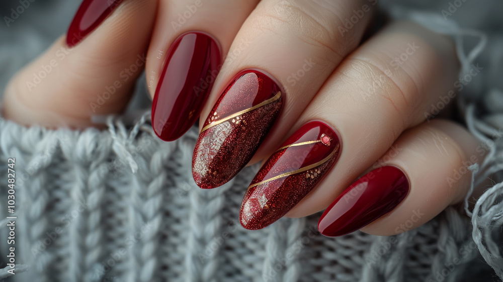 Burgundy manicure with negative space and Golden line on grey fluffy background Burgundy manicure with negative space and Golden line on grey fluffy background