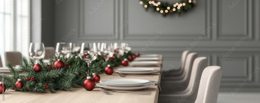 Grand dining room with a long table set for Christmas dinner, festive and elegant, 3D illustration Grand dining room with a long table set for Christmas dinner, festive and elegant, 3D illustration