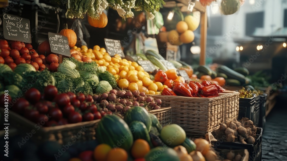 A vibrant market stall filled with seasonal fruits and vegetables A vibrant market stall filled with seasonal fruits and vegetables