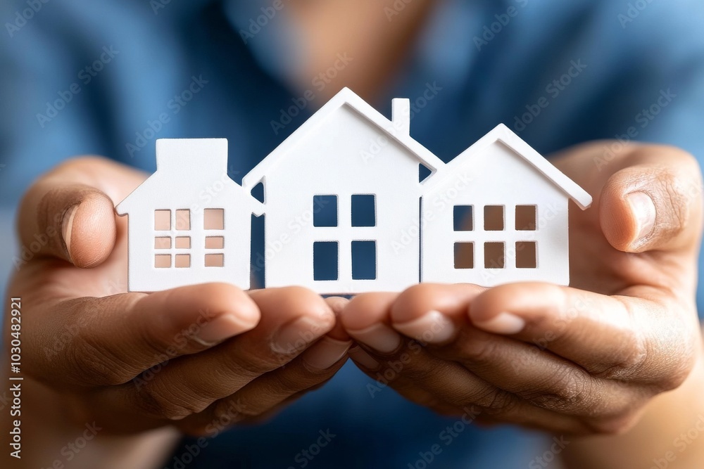 Hands holding miniature paper houses symbolizing security home and care in a warm minimalist setting with soft clean lighting and geometric shapes Hands holding miniature paper houses symbolizing security home and care in a warm minimalist setting with soft clean lighting and geometric shapes