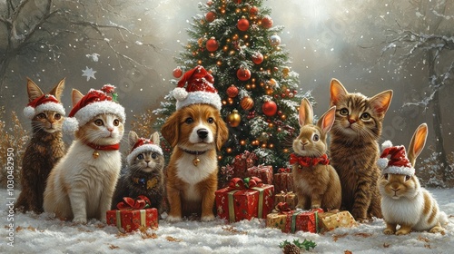 Festive scene with pets in Christmas hats around a tree.