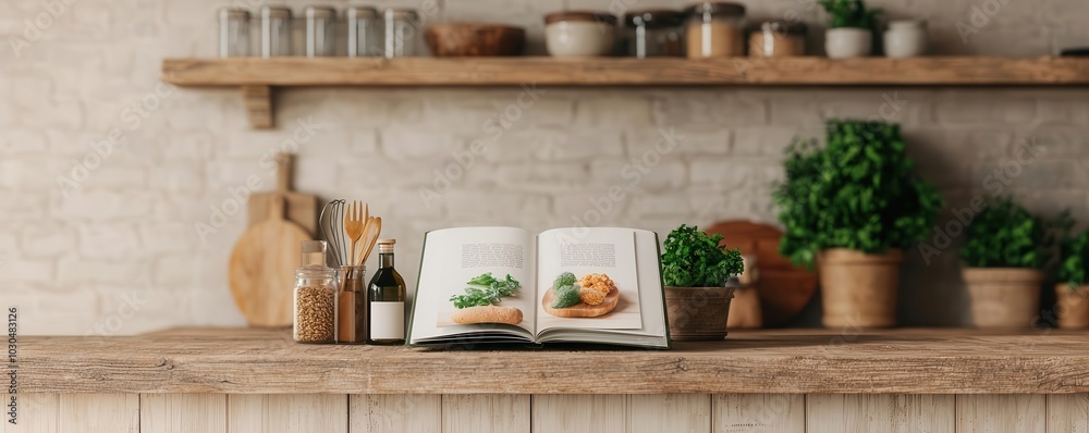 Rustic kitchen with fresh ingredients and an open cookbook, no devices in sight, offline cooking, slow living Rustic kitchen with fresh ingredients and an open cookbook, no devices in sight, offline cooking, slow living