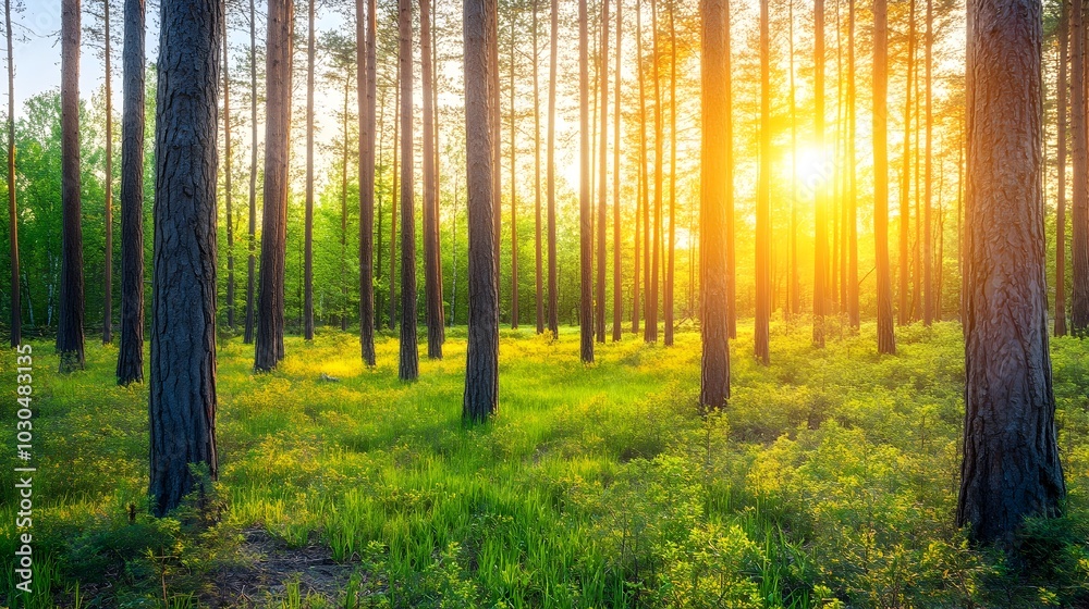 Naklejka premium Majestic Forest Sunset with Warm Golden Rays Filtering Through the Tall Lush Branches