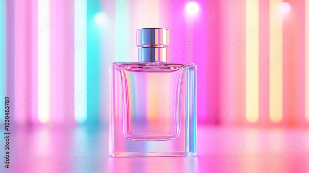 Vibrant Perfume Bottle in Colorful Light Display Vibrant Perfume Bottle in Colorful Light Display