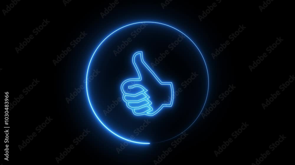 Glowing neon line Hand thumb up icon isolated Animated neon thumb up sign icon animation color hand icon like animation on dark background.