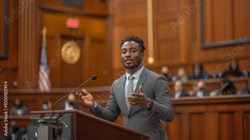 Afroamerican man counselor arguing in court of law room with people in the background