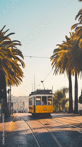 Yellow tram travels between palm trees on a sunlit street.