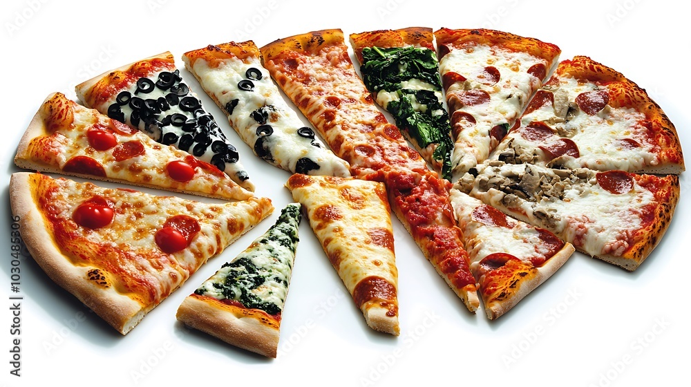 Delicious Pizza Slices with Various Toppings on White Background Delicious Pizza Slices with Various Toppings on White Background