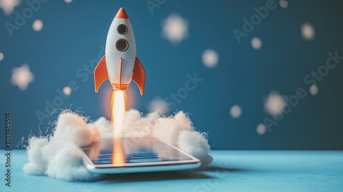 Startup concept: a rocket flying from a mobile phone's screen against a blue backdrop photo